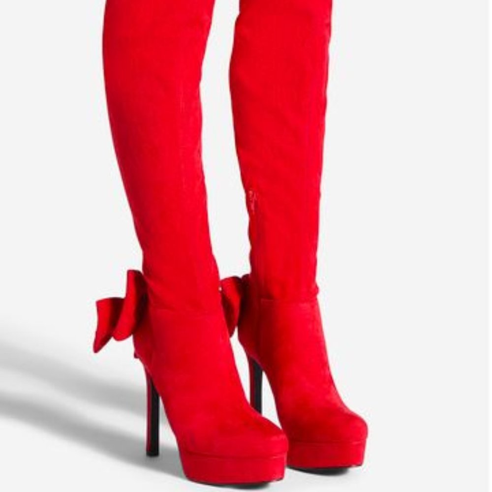 New Sexy OTK V-Suede Stretchy Platform "Bow" Stiletto Boots - NWT